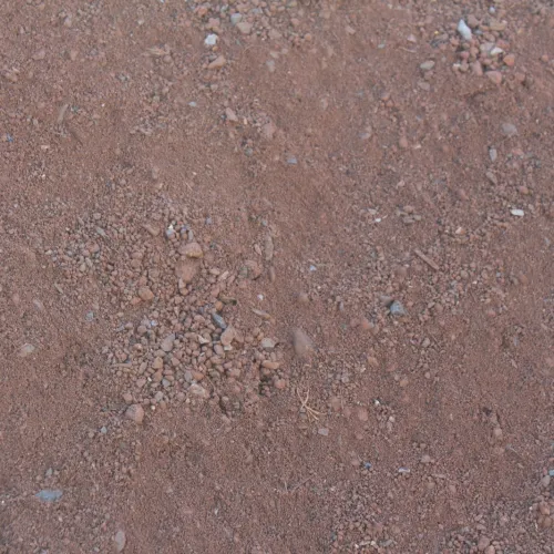 Close-up of reddish sandy soil with small rocks and pebbles scattered across the surface