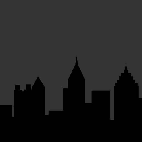 Silhouette of a city skyline with various building shapes against a dark gray background.