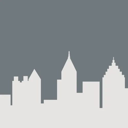 Gray and white minimalist city skyline silhouette with distinct building shapes against gray background