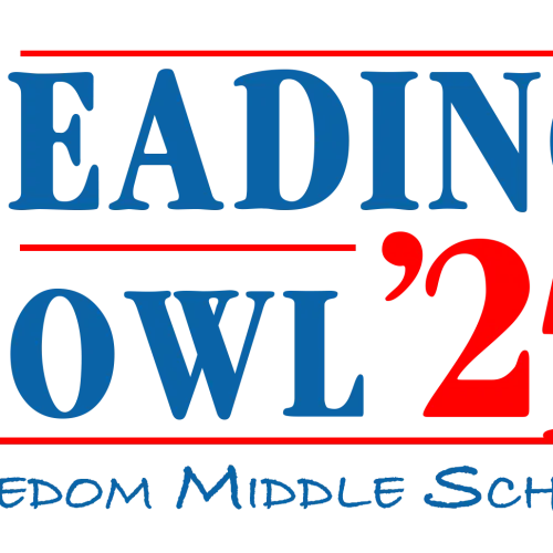 Logo for Reading Bowl 2025 at Freedom Middle School featuring bold blue and red text.