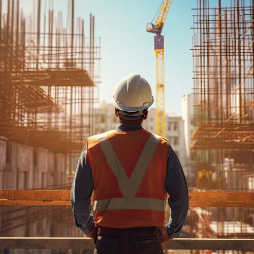 Construction worker in safety vest and helmet overseeing urban building site with steel framework and crane.