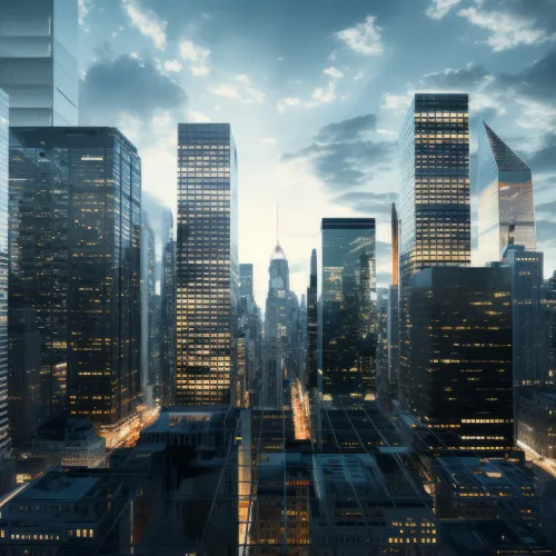Skyline view of modern glass skyscrapers reflecting sunset light in a busy urban city at dusk.