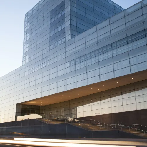 a large glass building