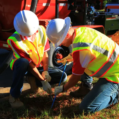 a few men wearing safety vests and working on a car