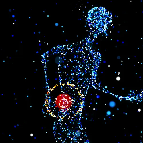 Abstract figure composed of glowing blue particles holding a bright red orb against a dark starry background