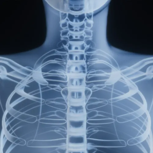 X-ray image showing upper human skeleton including spine, ribs, clavicles, and shoulder joints with clear bone structure.