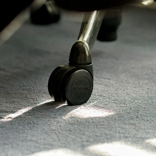 Close-up of a black caster wheel from office furniture on a textured carpet with natural light shadows.