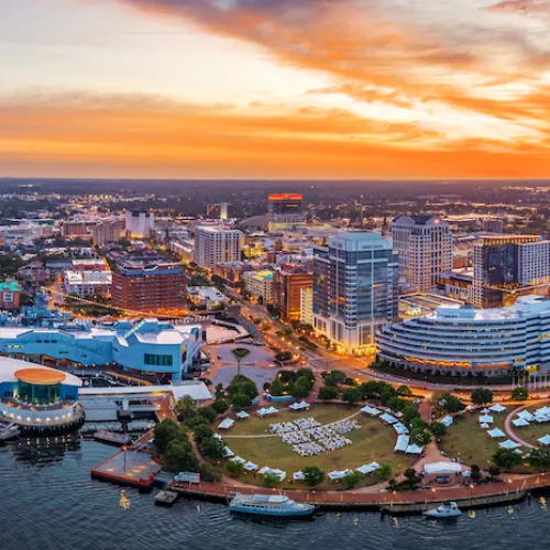 a city next to a body of water