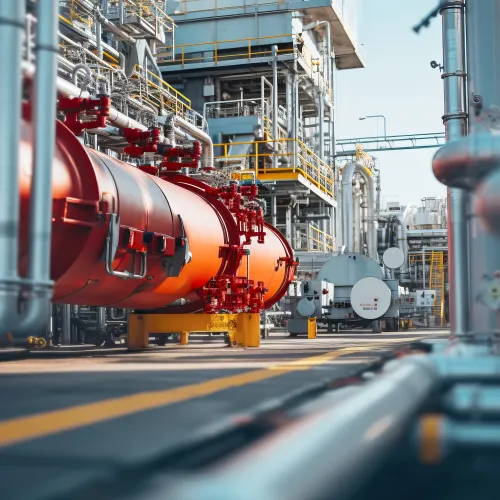 Industrial scene featuring bright orange storage tanks surrounded by metallic pipes and structures.