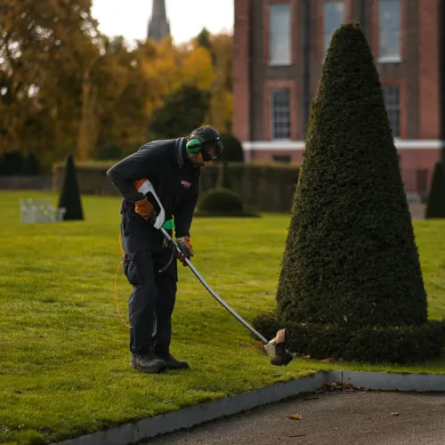 Landscape gardener trimming a neatly shaped topiary in a vibrant green lawn.