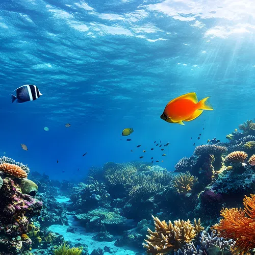 Vibrant coral reef underwater scene with colorful tropical fish and sun rays penetrating clear blue water