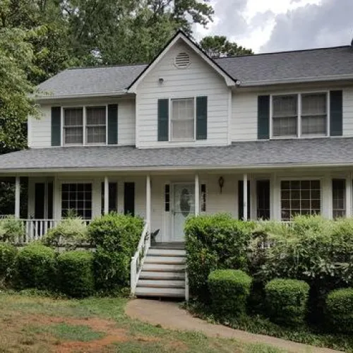 a house with bushes in front of a building
