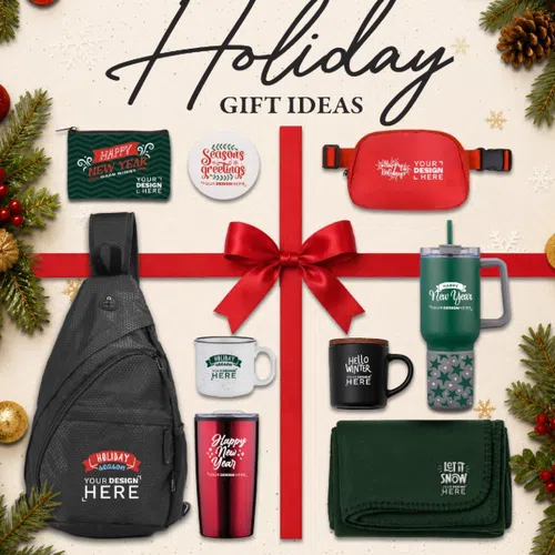 2026 holiday gift ideas including mugs, bags, tumblers, and accessories with festive designs on a red ribbon background.