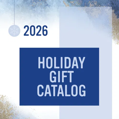 2026 holiday gift catalog cover with blue and gold decorative background and snowflake ornament