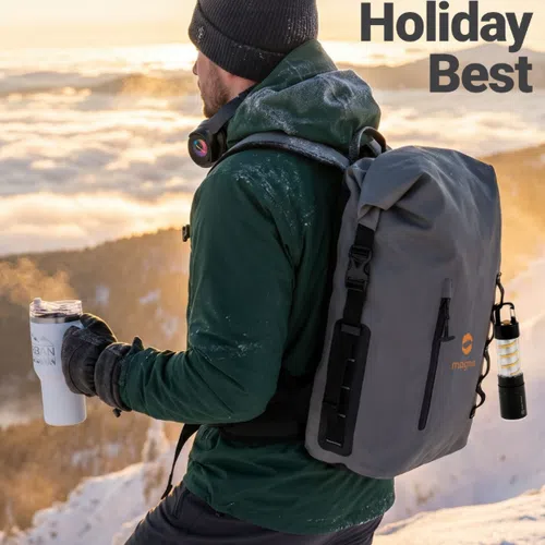 Man in winter gear with backpack and travel mug overlooking snowy mountain sunrise with text 2026 Holiday Best