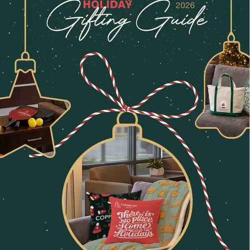 Holiday gifting guide 2026 with festive pillows, tote bag, and ping pong set displayed in ornament shapes