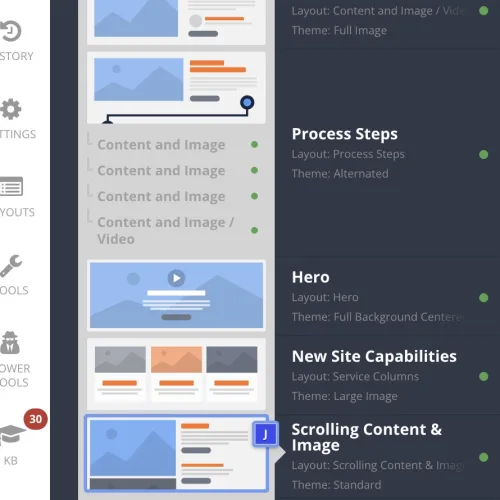 User interface showing layout selection panel with various content and image options for website design.
