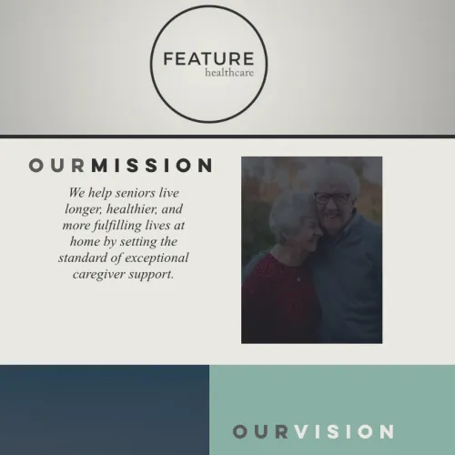 Feature Healthcare mission statement with senior couple smiling, emphasizing caregiver support and senior care.