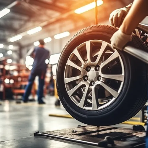 Mechanic with gloves lifting a car tire in a busy auto repair workshop with bright lighting.