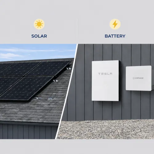 Solar panels on a roof and two home battery units, Tesla and Enphase, mounted on an exterior wall.
