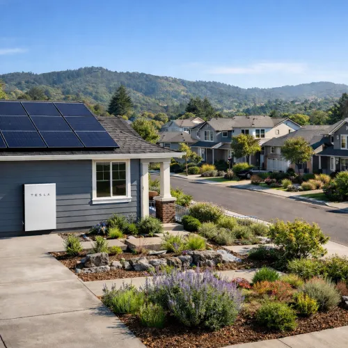 Modern home with Tesla solar panels and Powerwall in suburban neighborhood, surrounded by greenery and hills.
