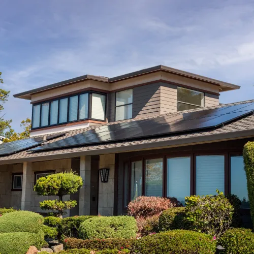 Modern home with solar panels on roof surrounded by green landscaped garden under clear sky.