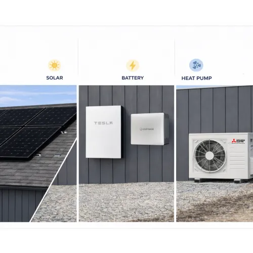 Solar panels on roof, Tesla and Enphase battery systems on wall, Mitsubishi heat pump outdoor unit side by side