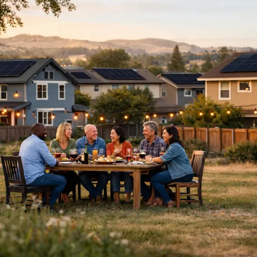 Group of friends enjoying outdoor dinner near homes with solar panels in marin county and string lights at sunset.