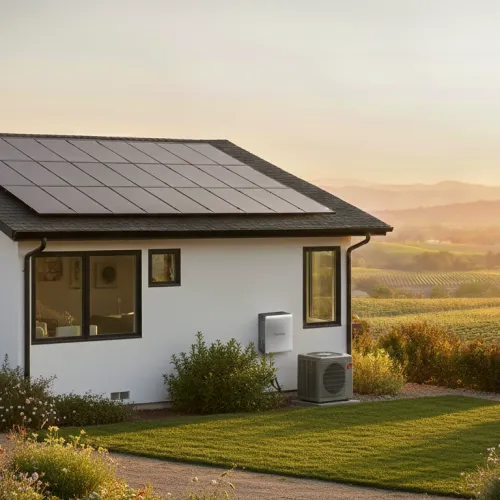 Modern white house with solar panels, battery back up and electric heat pump in the north bay area