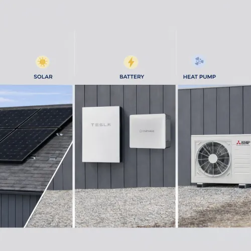 Solar panels, Tesla and Enphase battery units, and a Mitsubishi heat pump installed outside a modern home.