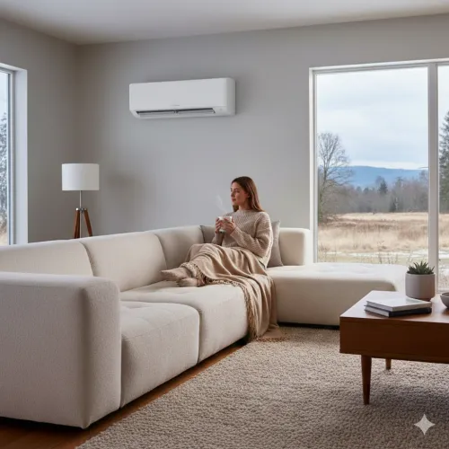 Woman relaxing in her sonoma home with HVAC electric heating heat pump