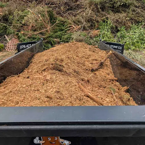 Large black trailer filled with wood chips and branches with a pile of yard waste in the background.