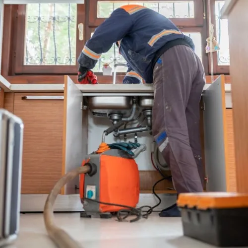 Plumber repairing kitchen sink pipes with tools and vacuum equipment underneath cabinet by window