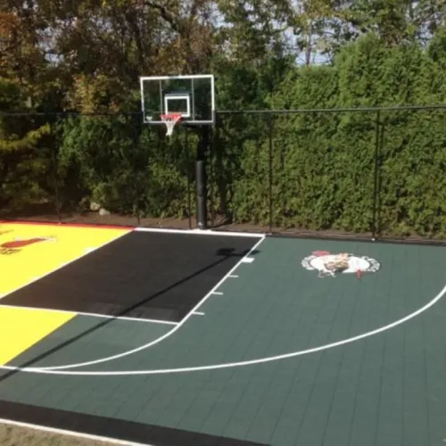 Outdoor basketball court with colorful sections, logos, hoop, and surrounding green fence and trees.