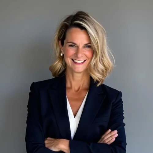 Smiling confident businesswoman with blonde hair wearing a navy blazer and white blouse standing against gray wall.