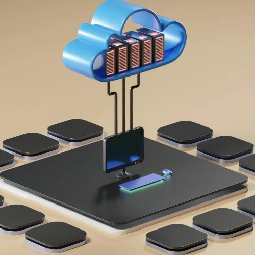 3D illustration of cloud computing with servers connected to a central device surrounded by black chips on a beige surface