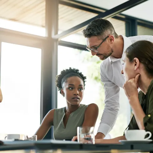 Diverse business team engaged in a serious discussion around a table in a bright modern office.
