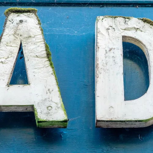 Close-up of weathered white letters A and D with moss on blue wooden background.