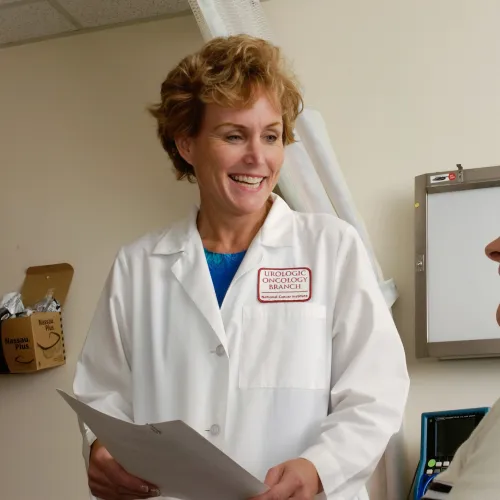 Female doctor in white lab coat consulting and smiling with a female patient in a medical office.