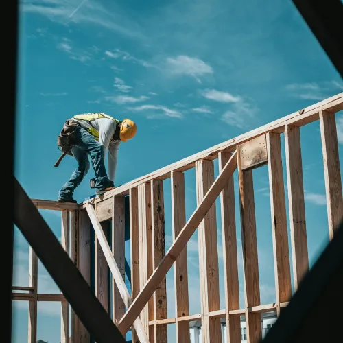 Construction worker wearing a yellow helmet building wooden framework on a sunny day with blue sky.