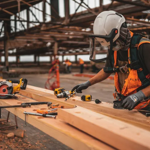 Carpenter wearing helmet and safety gear working on wooden planks with power tools in a large workshop.