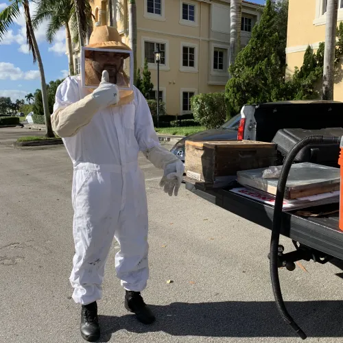 Person in white beekeeping suit giving thumbs up near truck with beekeeping equipment on sunny day.