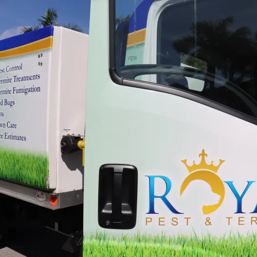 Royal Pest & Termite service truck with logo and list of pest control services parked outdoors under blue sky.
