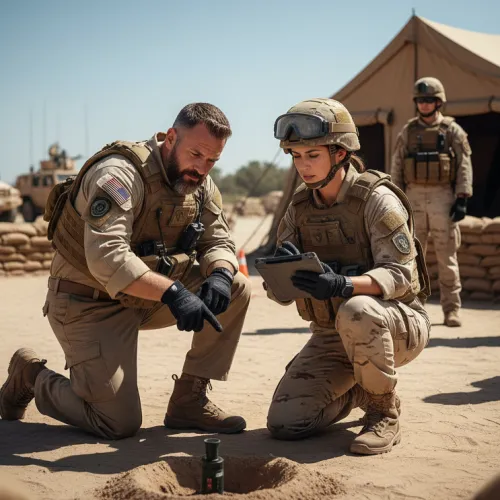 Military personnel in desert gear analyzing an object in a sand-filled crater near a tent and armored vehicles.