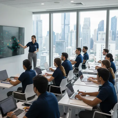 Instructor presenting digital network strategy to employees in modern office with city skyline background