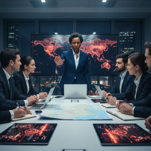 Business team in formal attire strategizing with digital maps and global data display in modern conference room at night