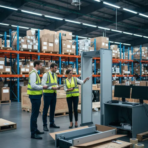 Workers in safety vests inspecting security scanner equipment in a large warehouse filled with shelves and boxes