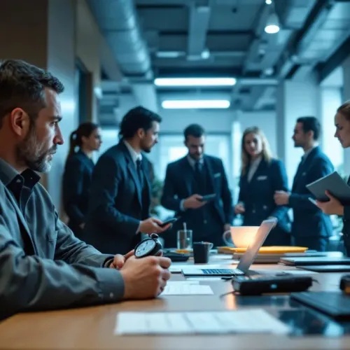 Businessman sitting at a desk holding a clock while colleagues discuss in a modern office meeting room.