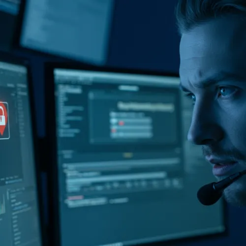 Man wearing headset working on cybersecurity with access log screen and data charts on computer monitors.