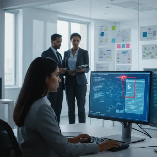 Businesswoman analyzing cybersecurity data on dual monitors while two colleagues discuss in the background office.